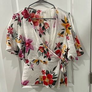 Linen Floral Wrap Top